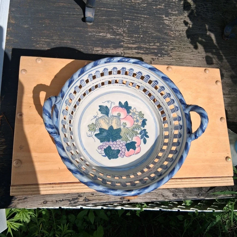 Vintage 90s Cottagecore Stoneware Basket Handles Fruit Lattice Butter Mom